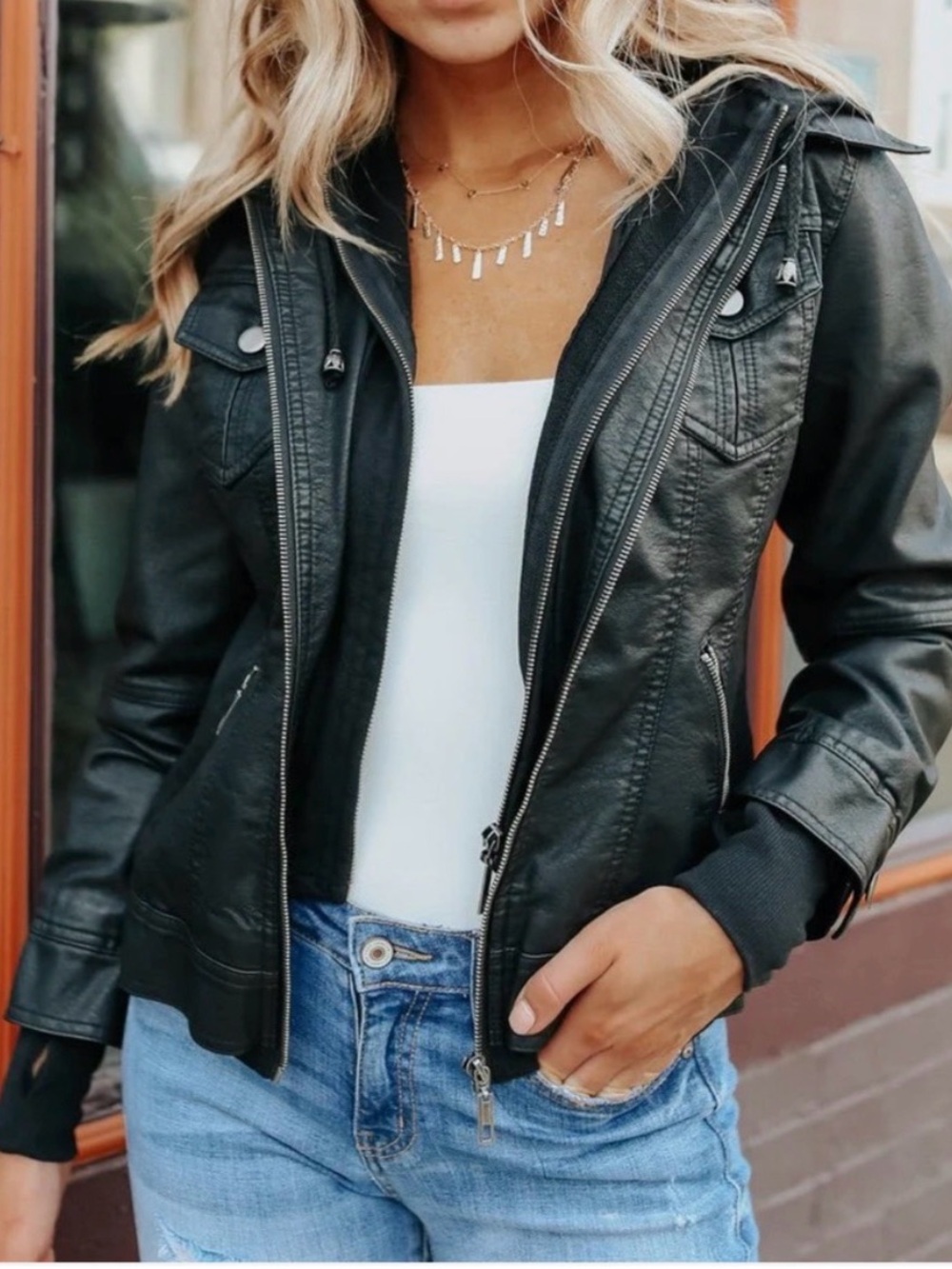 Tea Collection Black Faux Leather Hooded Bomber Jacket